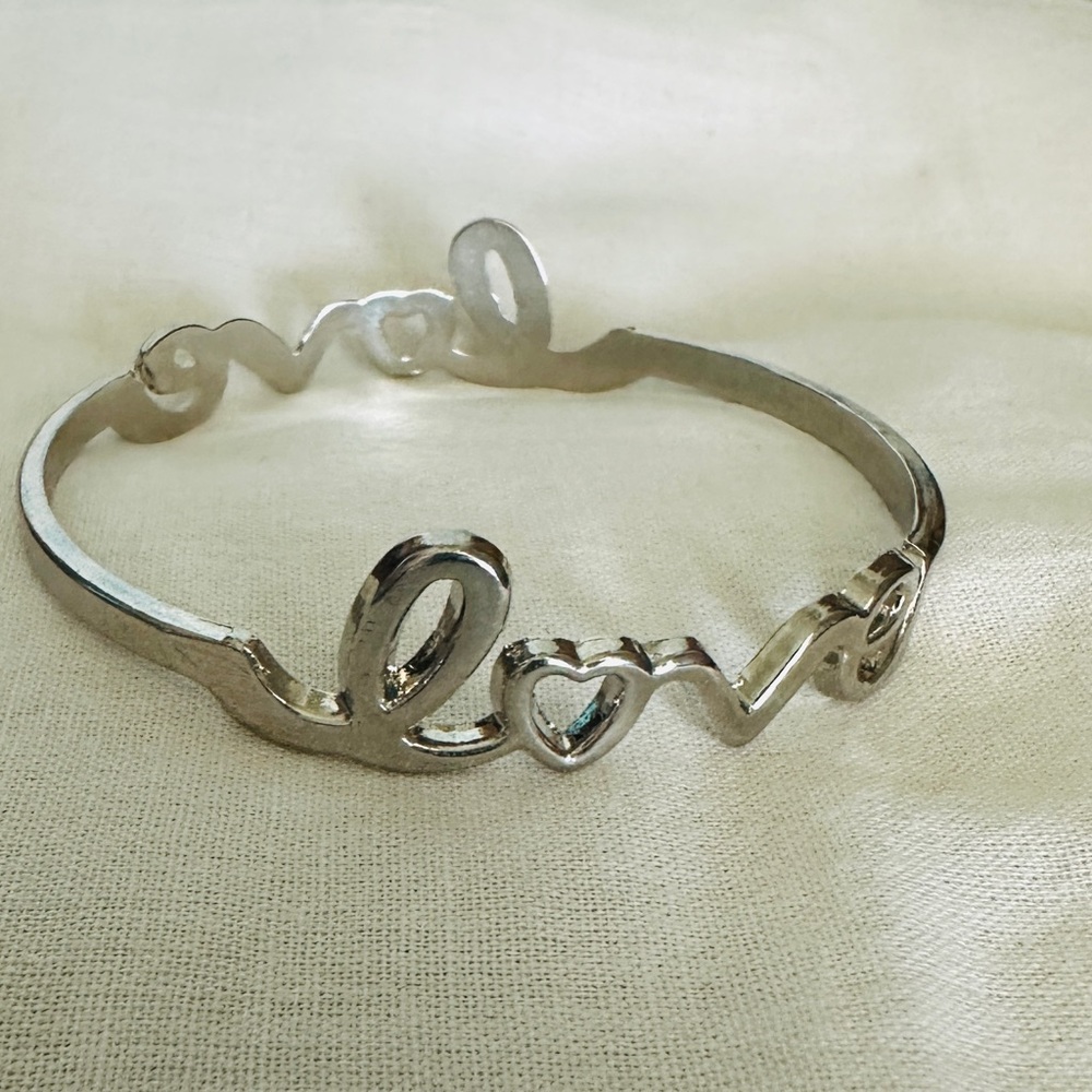 Vintage Silver Tone Love Script Festival Bangle Bracelet